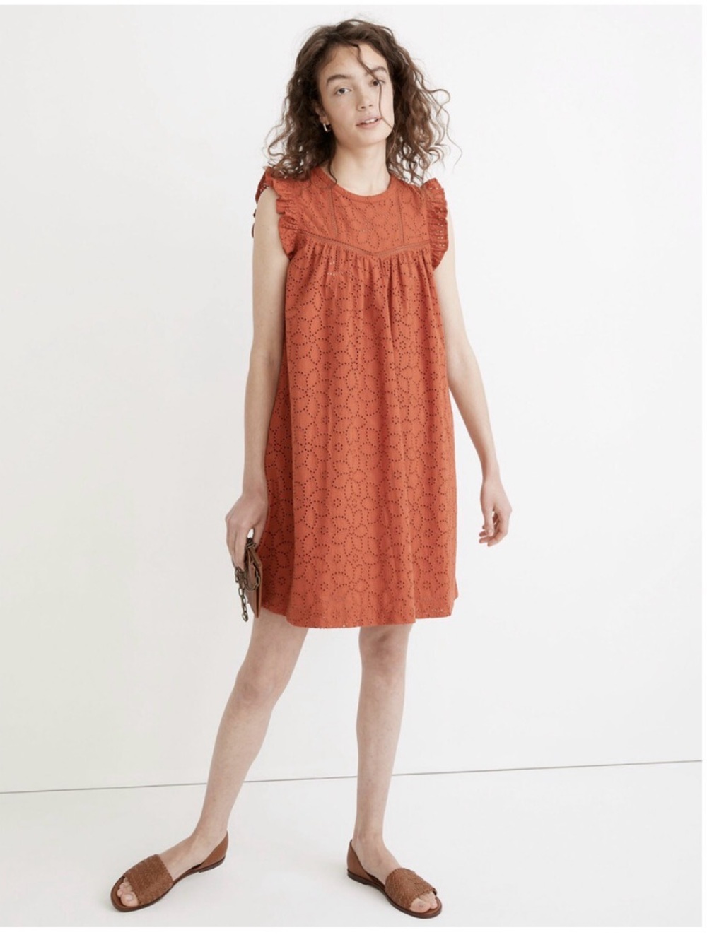 Madewell Cotton Eyelet Ruffle-Sleeve Pintuck Mini Dress Mulled Cider See Sizing